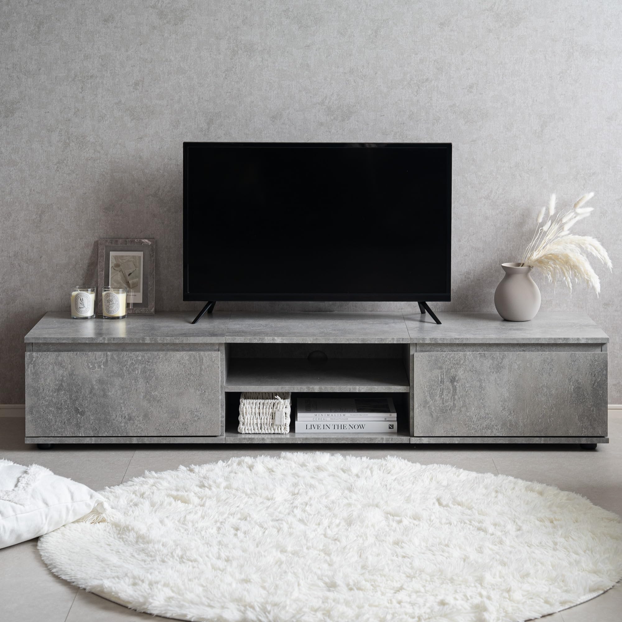 SUMUTOKI テレビ台 ローボード (モルタルグレー, 幅150cm) Amazon｜テレビ台 ローボード モルタル調 収納付き 巾木よけ コード穴